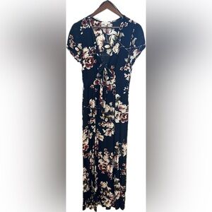 Cotton Candy LA Maxi Dress Double Slit Cut Back Short Sleeves Floral Navy Small